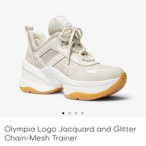 Michael Kors Olympia Jacquard & Glitter Beige and White Women's Trainer 7.5